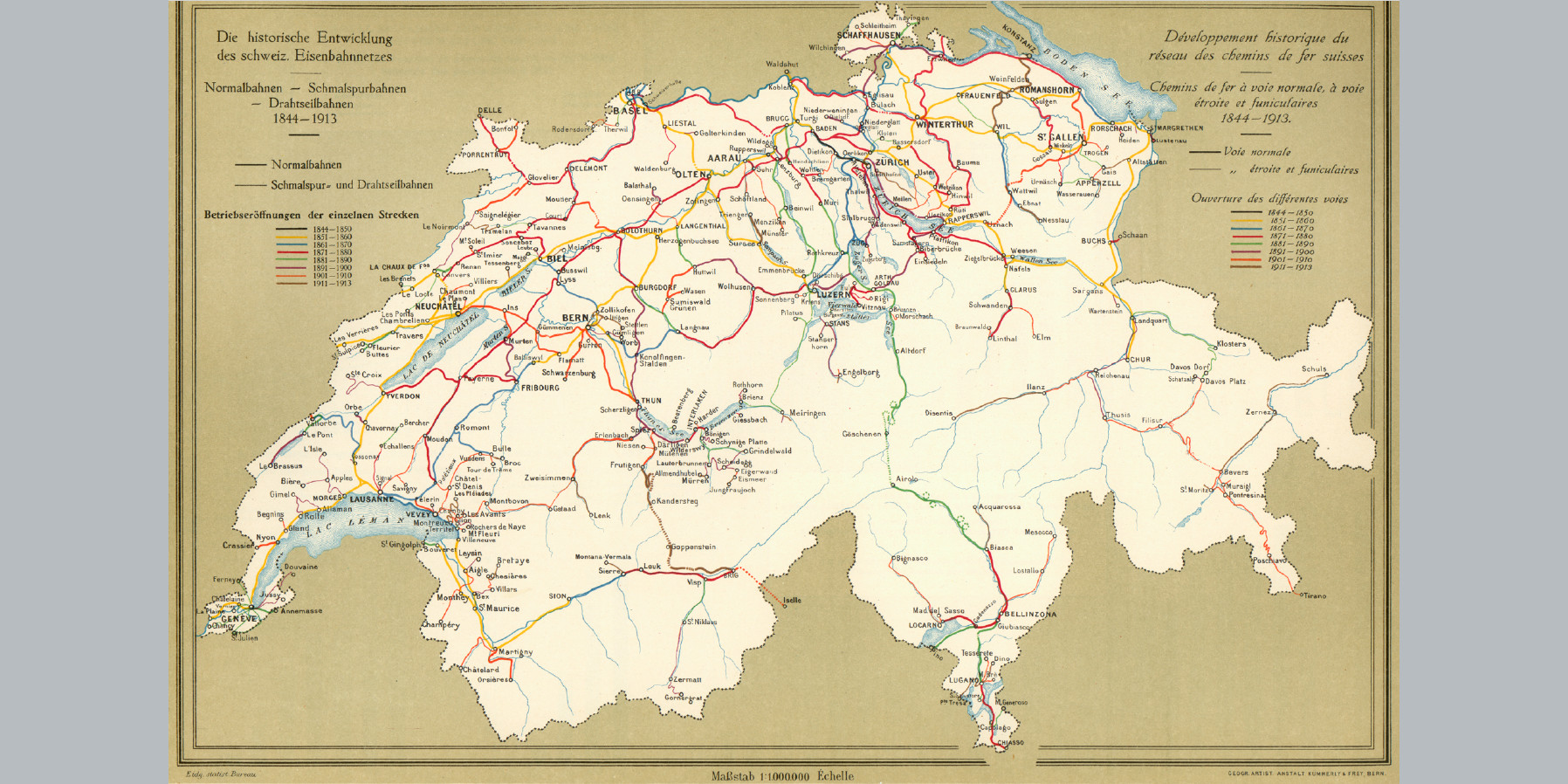 Historical map of the development of the Swiss railway network. <u>Source</u>: <em>Atlas graphique et statistique de la Suisse</em>, edited by the Federal Statistical Office (OFS KM02-00-L191-00-df-1914-48-df). 1914.